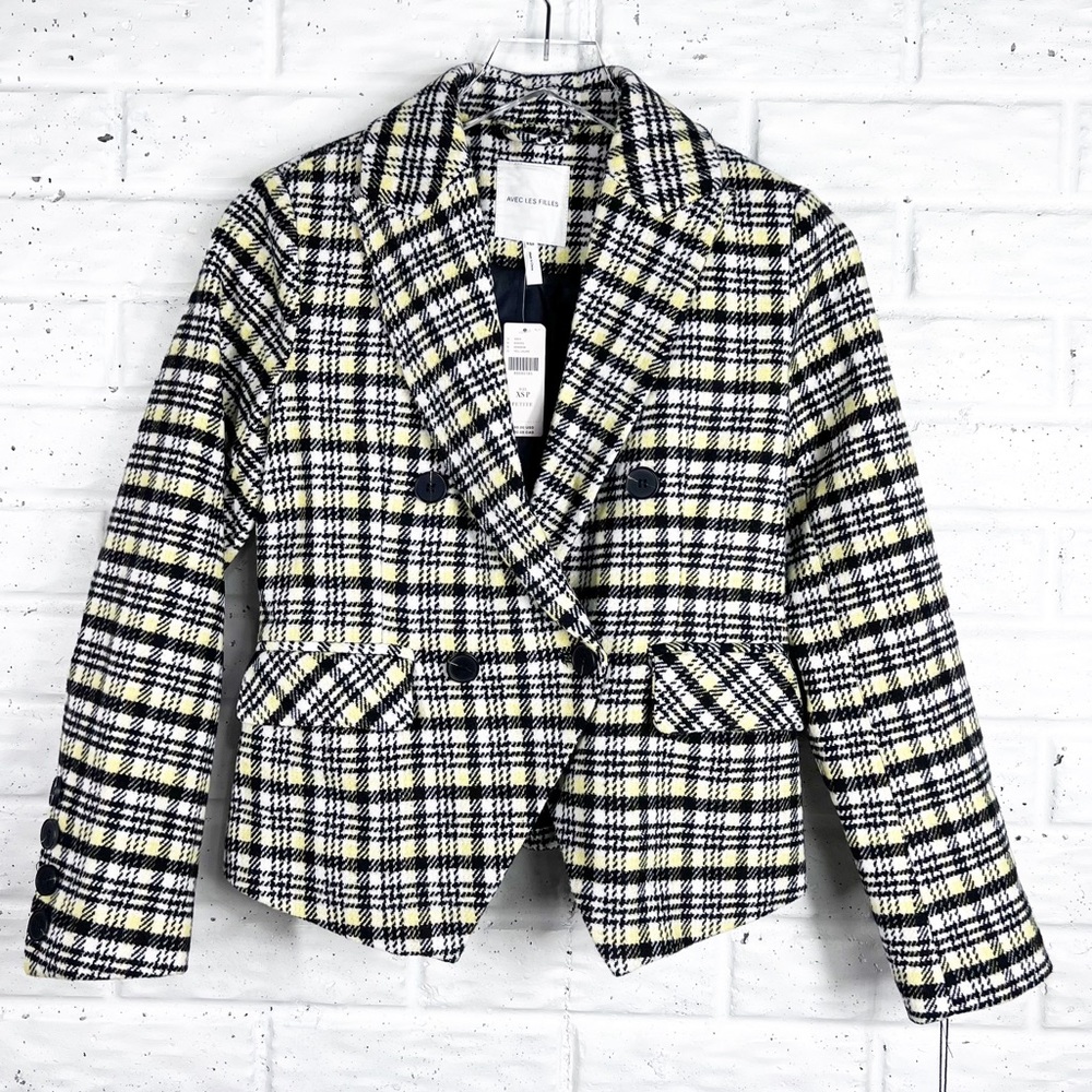 AVEC LES FILLES Black & Yellow Plaid Two Button Blazer | Wool Blend